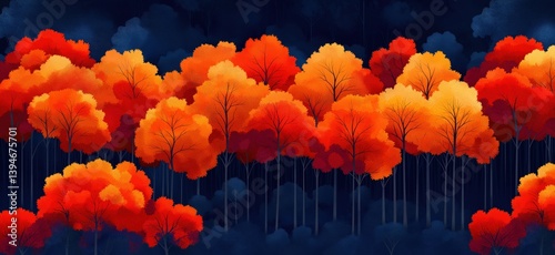 Vibrant autumn forest with colorful orange and red trees against dark background