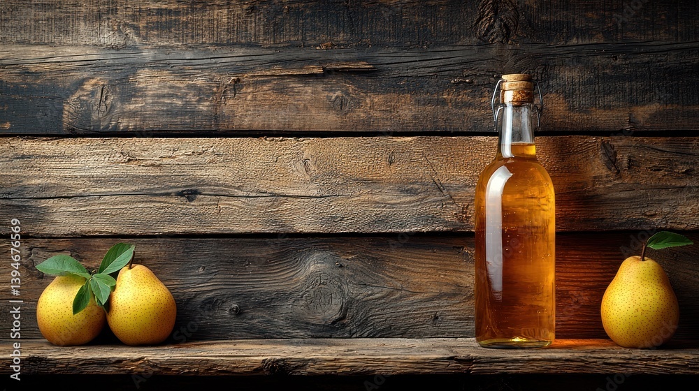 Pears and cider bottle on rustic wood Pears and cider bottle on rustic wood