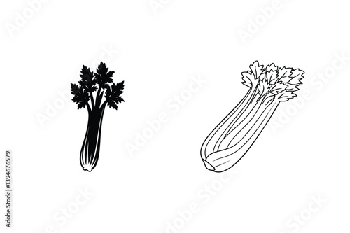 Celery Vector Graphic Featuring Black Silhouette And Outline Drawing
