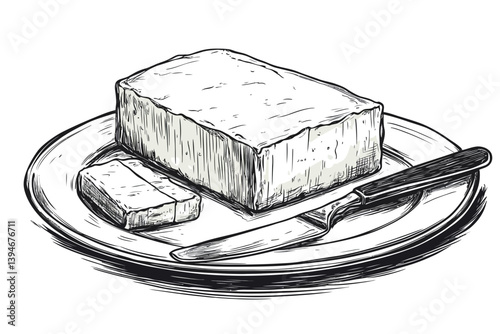 Butter slab on a plate with knife on white background  
