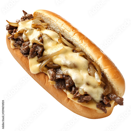 A Philly cheesesteak with oozing cheese and saut?ed onions, isolated on transparent background.