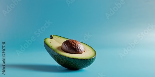 A halved avocado showing the seed resting on the blue background.