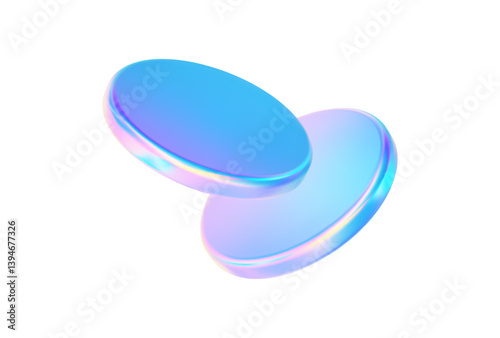 3d glass disk shape hologram effect. Render abstract neon pink blue coin. Fly round podium, disc, badge, lens, plate crystal isolation. Y2k hologram shape. Vector trendy illustration