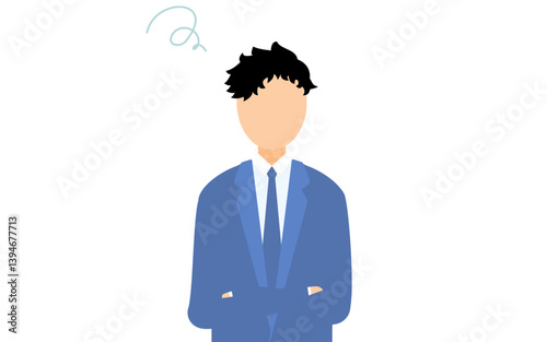 ビジネススーツを着たビジネスマンが腕組みをして悩むシンプルなイラスト