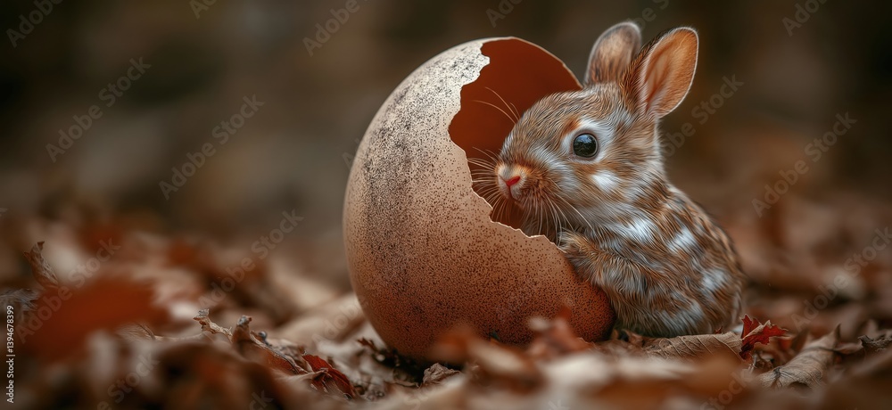 Fototapeta premium Cute baby rabbit emerging from cracked egg surrounded by autumn leaves