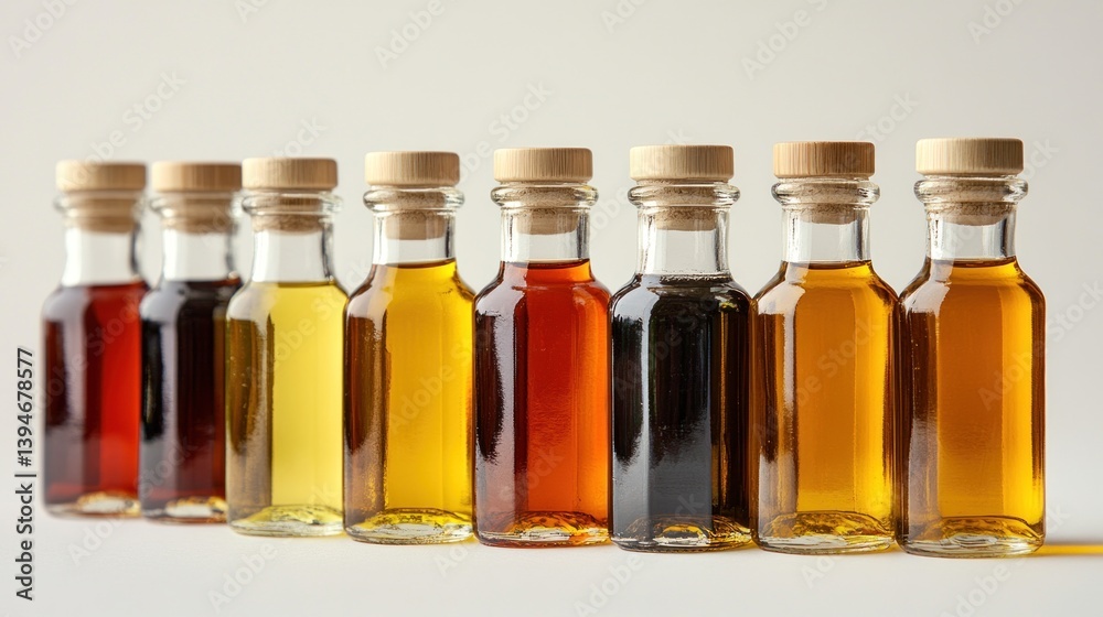 A collection of small glass bottles showcases liquids in shades of amber, gold, and brown, emphasizing their uniform shape and size A collection of small glass bottles showcases liquids in shades of amber, gold, and brown, emphasizing their uniform shape and size