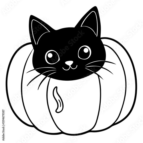 A black cat peeking out of a pumpkin, cute illustration, white background 