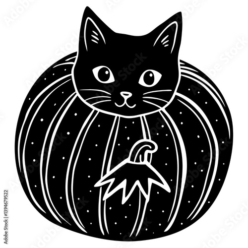 A black cat peeking out of a pumpkin, cute illustration, white background 