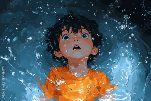 Vector illustration of a young boy submerged in water, looking up with wide eyes. Emotional and dramatic scene with expressive lighting and dynamic splash effects