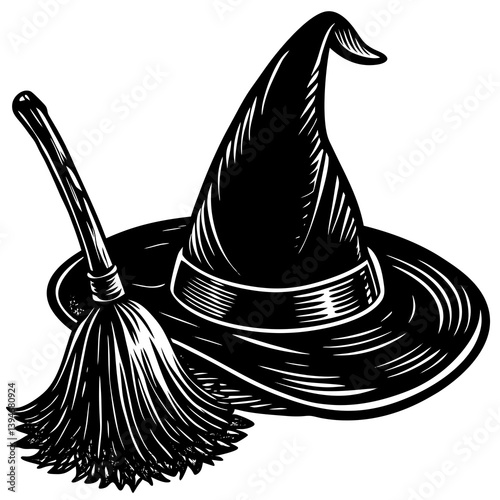 A witch’s hat and broomstick laying on the ground 