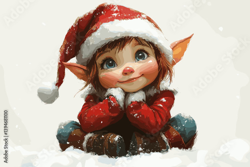 Vector illustration of a cute Christmas elf with big eyes, red hat, and scarf, surrounded by snow and festive plants. Adorable holiday character in a winter scene