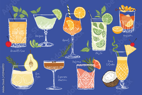 Colorful Hand-Drawn Vector Cocktail Collection