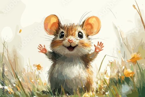 Cute vector illustration of a little mouse waving in a grassy field with flowers. Charming and playful animal character in a spring nature setting