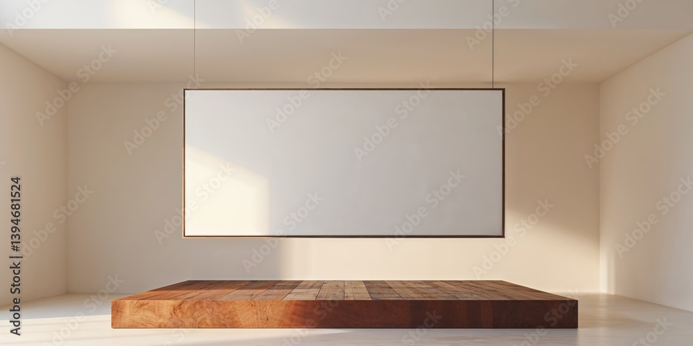 Blank canvas hangs above wooden platform in art gallery.