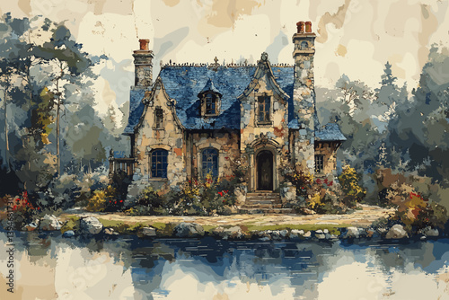 Vector illustration of a cozy stone cottage by the water, surrounded by trees and flowers. Peaceful fairytale house in a serene natural landscape