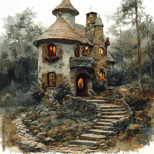 Vector illustration of a fairytale cottage in the woods with stone steps and warm glowing windows. Enchanted forest scene with magical and rustic atmosphere
