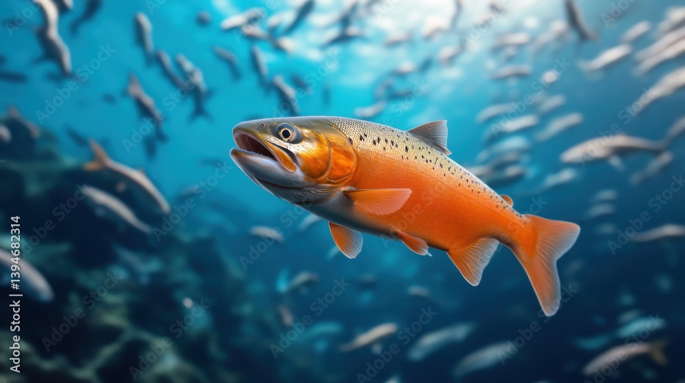 Naklejka premium Vibrant Freshwater Fish Swimming Gracefully in Clear Blue Underwater Environment with School of Fish in Background