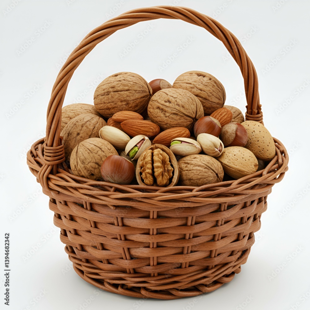 Assorted Nuts in a Brown Wicker Basket Walnuts, Almonds, Pistachios, and Hazelnuts Assorted Nuts in a Brown Wicker Basket Walnuts, Almonds, Pistachios, and Hazelnuts