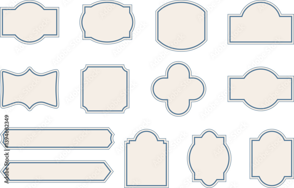 Elegant vintage labels with ornate frames in antique cream and dusty blue color. Classic tags with decorative border for handmade branding and rustic packaging. Set of vector designs with blank space