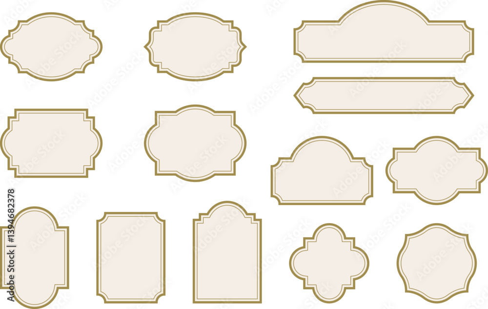 Elegant vintage labels with ornate frames in cream beige and gold color. Classic tags with decorative border for handmade branding and rustic packaging. Set of vector designs with blank space