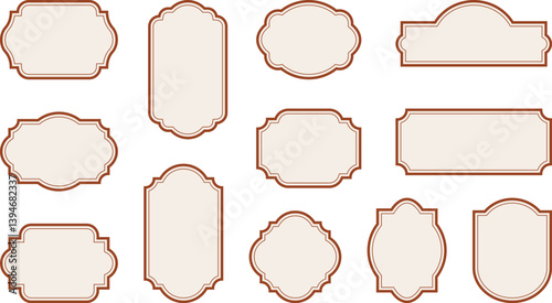 Elegant vintage labels with ornate frames in cream beige and red color. Classic tags with decorative border for handmade branding and rustic packaging. Set of vector designs with blank space