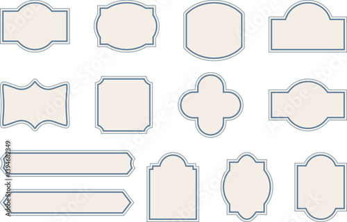 Elegant vintage labels with ornate frames in antique cream and dusty blue color. Classic tags with decorative border for handmade branding and rustic packaging. Set of vector designs with blank space