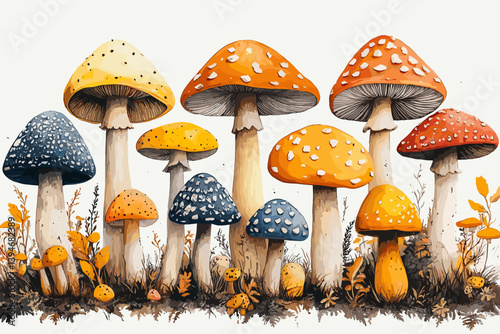 Vector illustration of colorful fantasy mushrooms with white spots, growing in grass. Whimsical and vibrant forest fungi in a magical nature setting