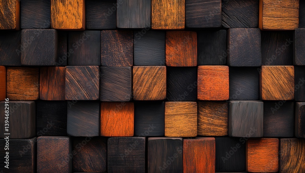 Wooden cubes in varying shades of brown and orange arranged in a pattern. Wooden cubes in varying shades of brown and orange arranged in a pattern.