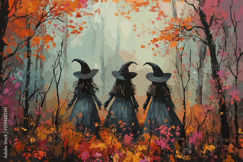 Vector illustration of three witches walking through an autumn forest. Mysterious and magical Halloween scene with vibrant fall foliage and enchanted atmosphere