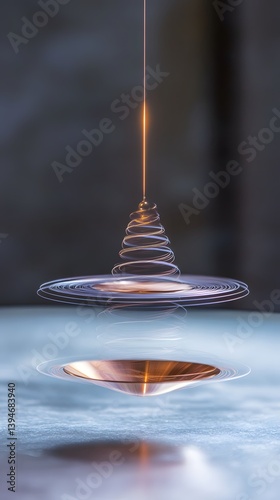 A levitating disc with a coiled wire suspended above a reflective surface