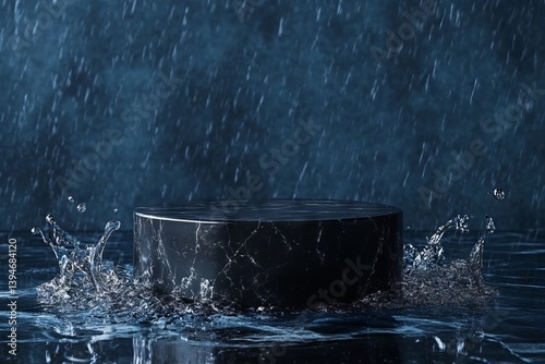 Water Splash on Podium in Dramatic Dark Background