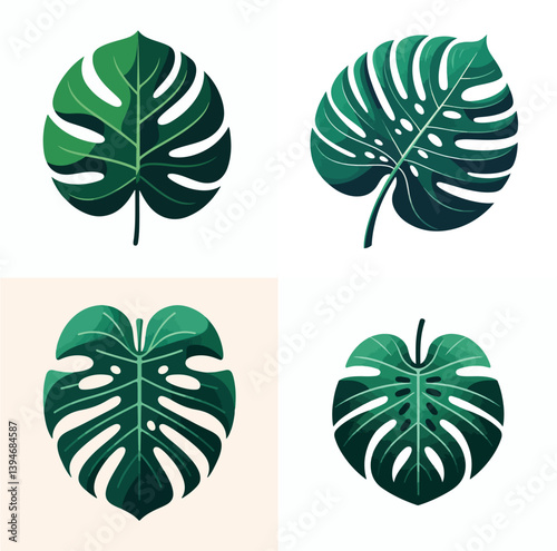 Flat green monstera leaf vector, smooth edges, centered on white background, no gradients