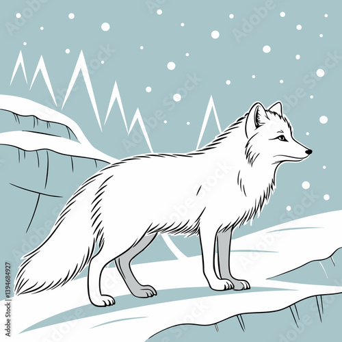 Arctic fox with icy background and snowflakes