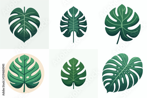 Flat green monstera leaf vector, smooth edges, centered on white background, no gradients