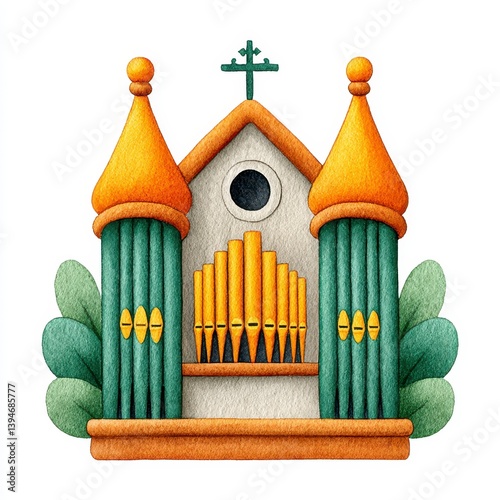 Church Pipe Organ Illustration with Orange and Green Accents