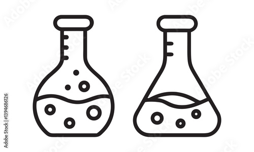 Two Outline Laboratory Flasks with Liquid and Bubbles, Test tube, flask, and bubbles different style icon set