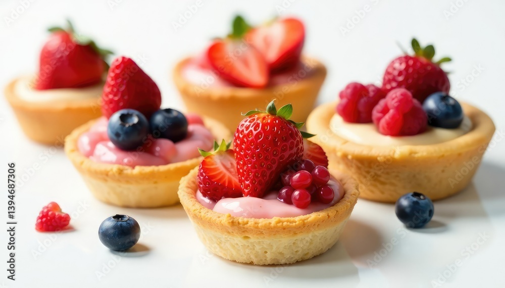 Assorted pastries, fruit tarts, macarons on white , food blog, edible art, food styling Assorted pastries, fruit tarts, macarons on white , food blog, edible art, food styling