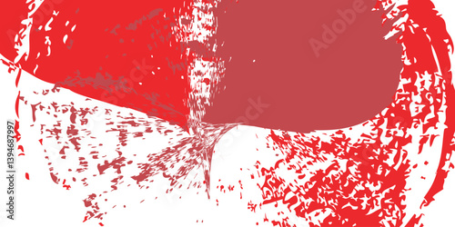 Abstract artwork featuring dynamic red brushstrokes on a white background. The composition includes sweeping arcs and splatters, with a central focal point where lines converge