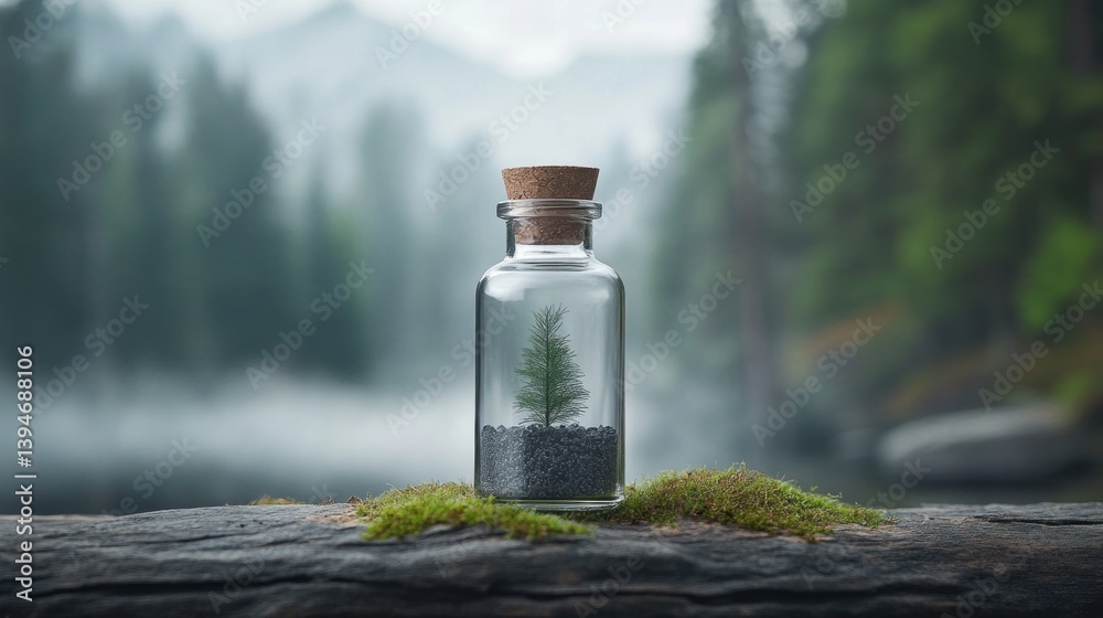 Tiny tree in a bottle, serene forest background Tiny tree in a bottle, serene forest background