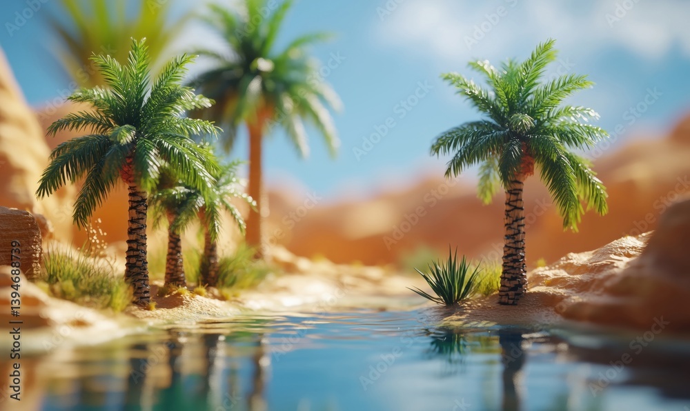 Fototapeta premium Tropical oasis with palm trees and serene water in desert landscape