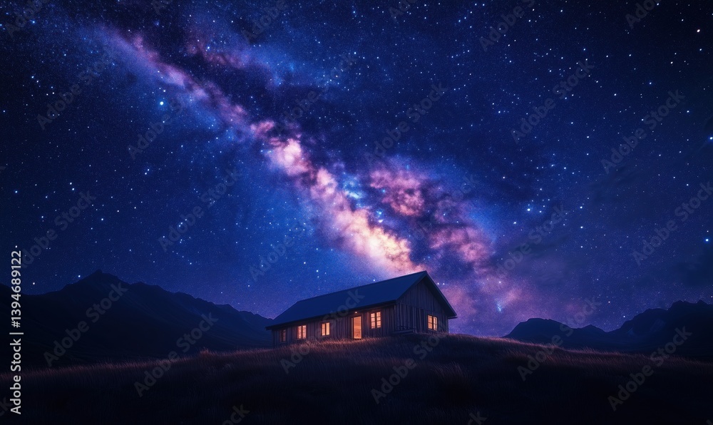 Fototapeta premium Starlit Night Sky Over Isolated House with Milky Way Galaxy in Background