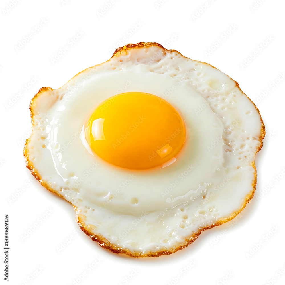Close-up of a single, cooked fried egg against a plain white background. Close-up of a single, cooked fried egg against a plain white background.