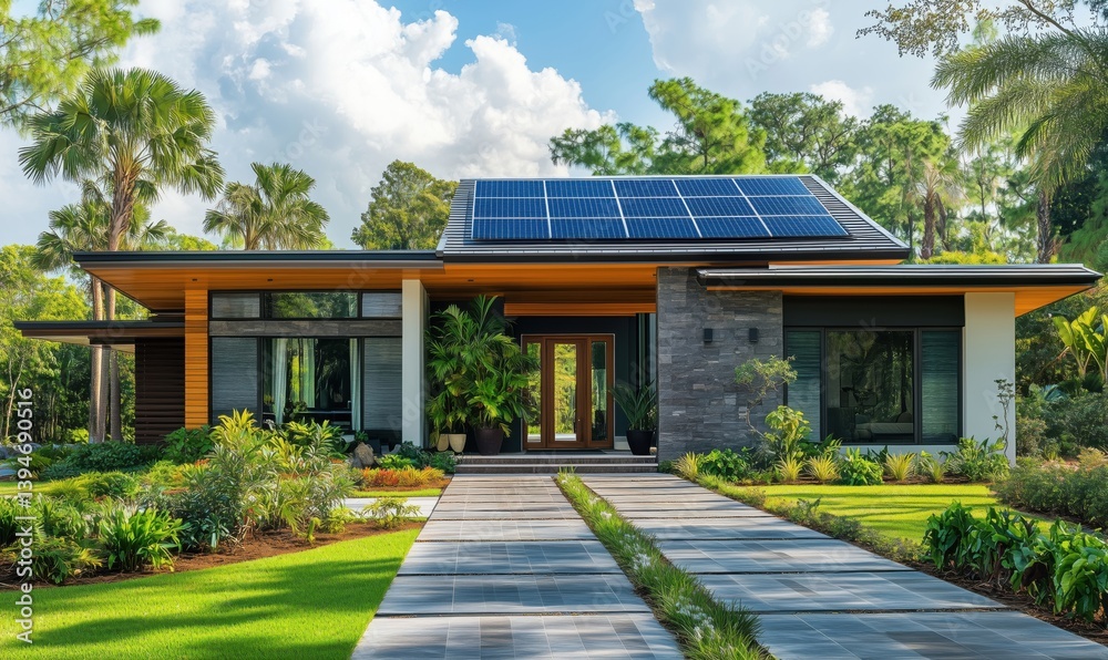 Fototapeta premium Modern eco-friendly home with solar panels and lush landscaping in sunny environment
