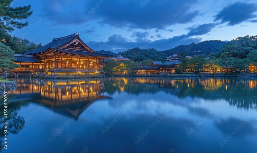 Naklejka premium Serene Japanese Temple Reflected in Calm Waters at Dusk with Illuminated Architecture