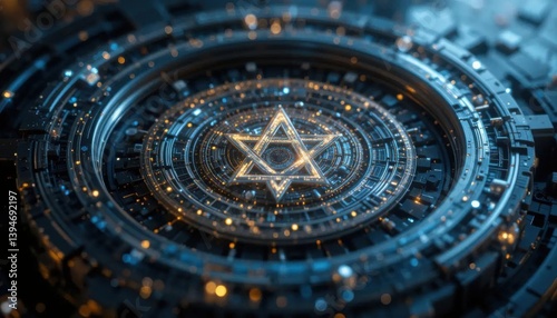 Wallpaper Mural A mesmerizing geometric design featuring a star surrounded by intricate circular patterns and bright lights, creating a futuristic aesthetic. Torontodigital.ca