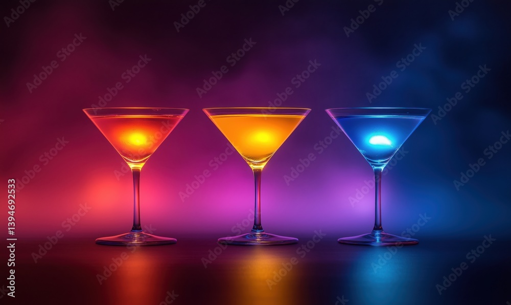 Colorful cocktail glasses with vibrant lighting effects in a dark setting Colorful cocktail glasses with vibrant lighting effects in a dark setting