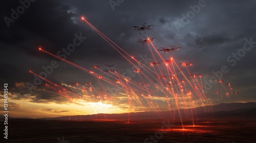 An army of drones flying over a battlefield launching coordinated airstrikes with red tracer trails, cinematic lighting, dramatic sky