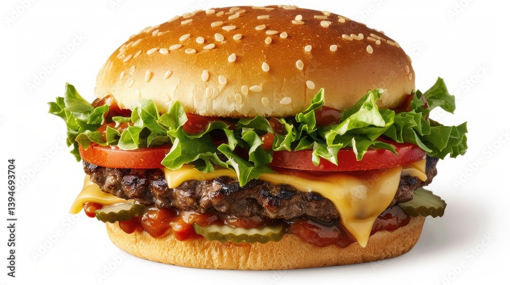 A photograph of an American cheeseburger, with a juicy beef patty, melted cheddar cheese oozing down the sides, and fresh lettuce under ripe tomato slices A photograph of an American cheeseburger, with a juicy beef patty, melted cheddar cheese oozing down the sides, and fresh lettuce under ripe tomato slices