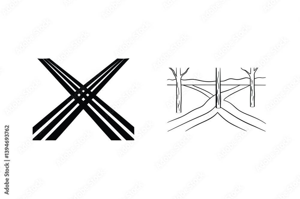 Abstract Forest Paths And Intersecting Lines Black And White Illustration