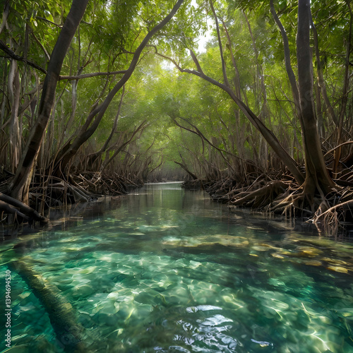 Mangrove and Crystal-Clear Water Stream at Tha Pom Klong Song Nam